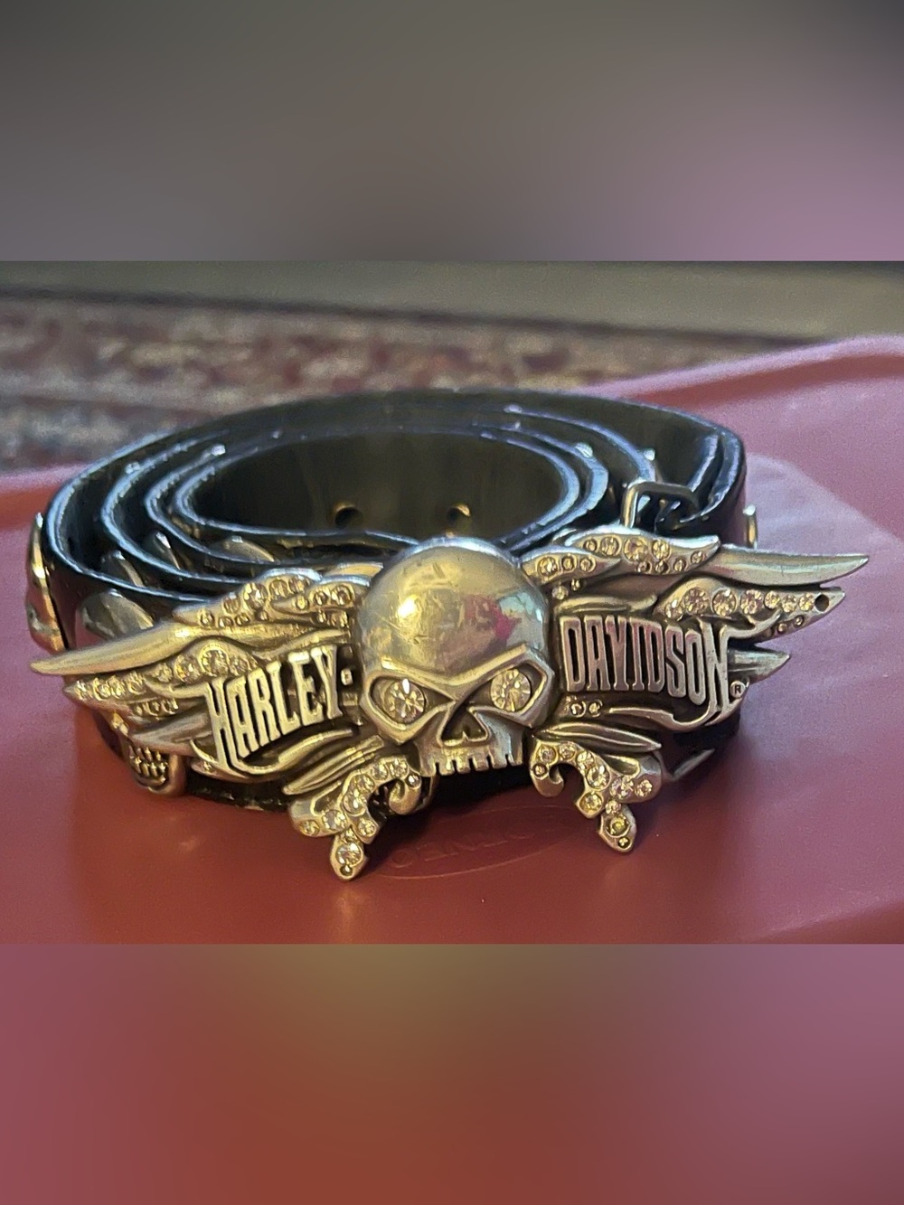 Harley-Davidson Leather Belt w/ Silver Skull and Rhinestone Buckle